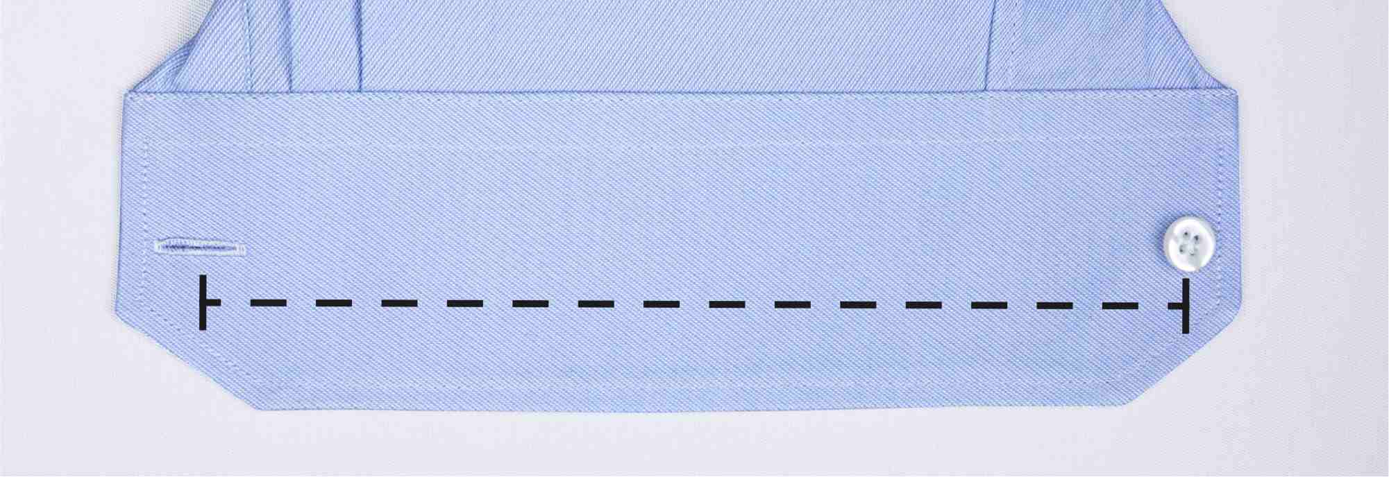 Unbutton the cuff and lay it flat. Measure from the centre of the button to the centre of the buttonhole. French cuffs are measured from the centre of one buttonhole to the centre of the other.