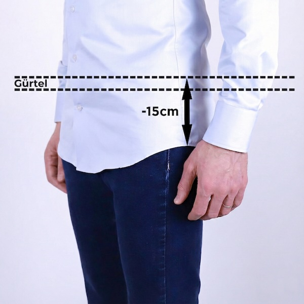 Messung der Rückenlänge eines formellen und Business-Hemdes: Es ragt etwa 15 cm über, um gut in der Hose zu bleiben.