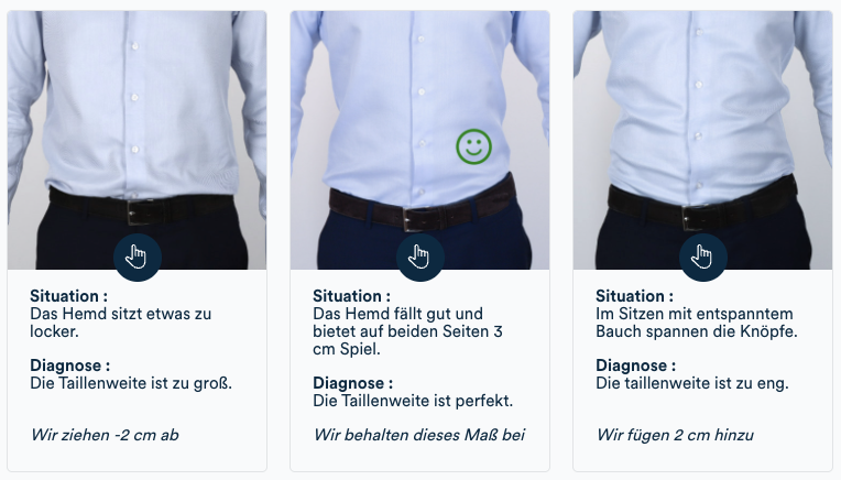 Messung der Taillenweite: Greifen Sie 3 cm Stoff am 5. Knopf