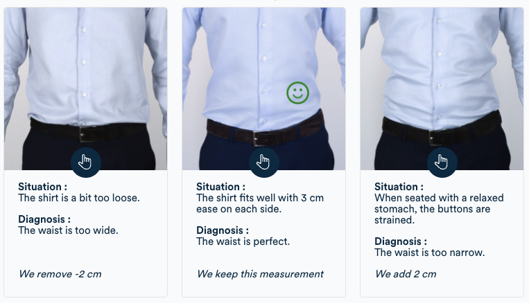 Waist measurement: pinch 3 cm of fabric at the 5th button