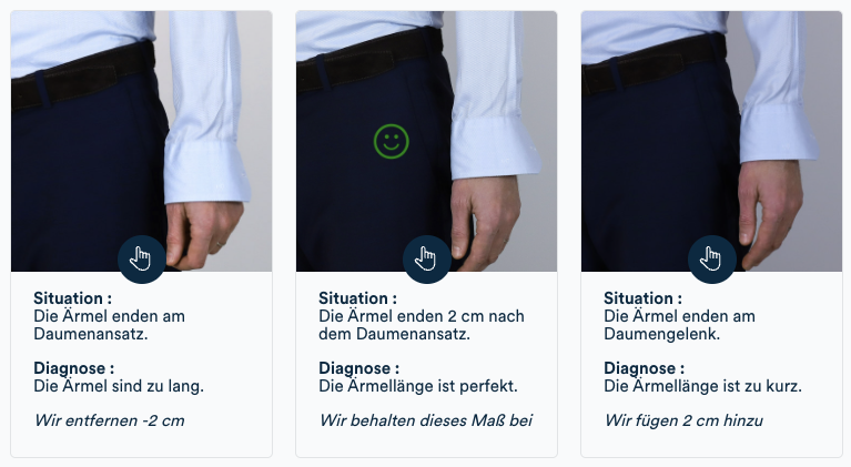 Messung der Ärmellänge: muss 2 cm über der Daumenwurzel enden