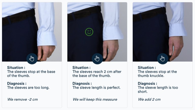 Sleeve length measurement: must arrive 2 cm above the base of the thumb