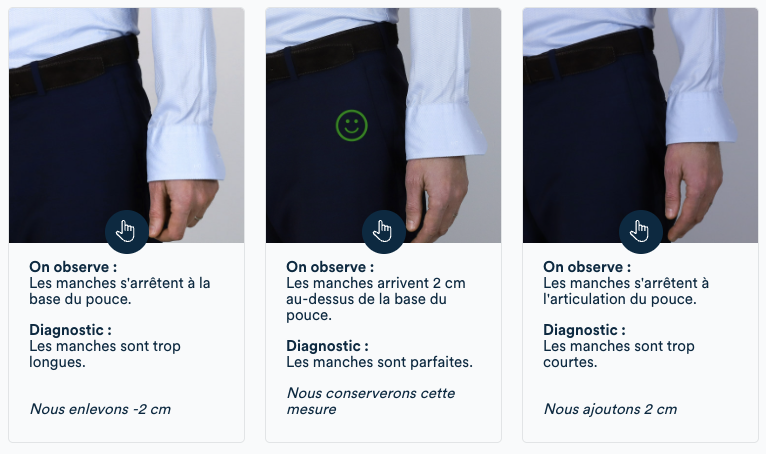Mesure de la longueur des manches : doit arriver 2 cm au-dessus de la base du pouce
