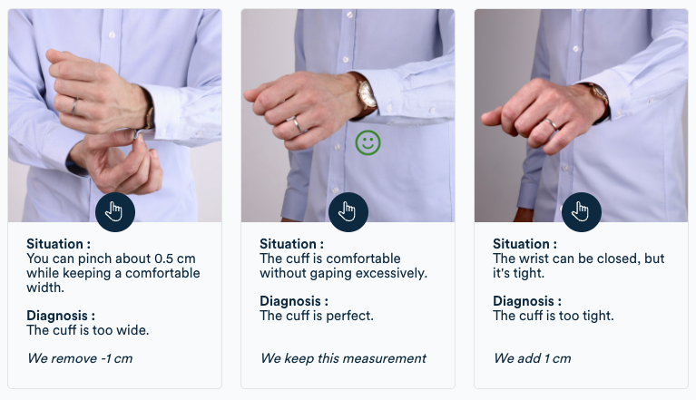 Cuff measurement: must allow passing the hand comfortably and closing cufflinks