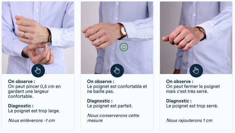 Mesure des poignets : doit permettre de passer la main confortablement et fermer les boutons de manchette